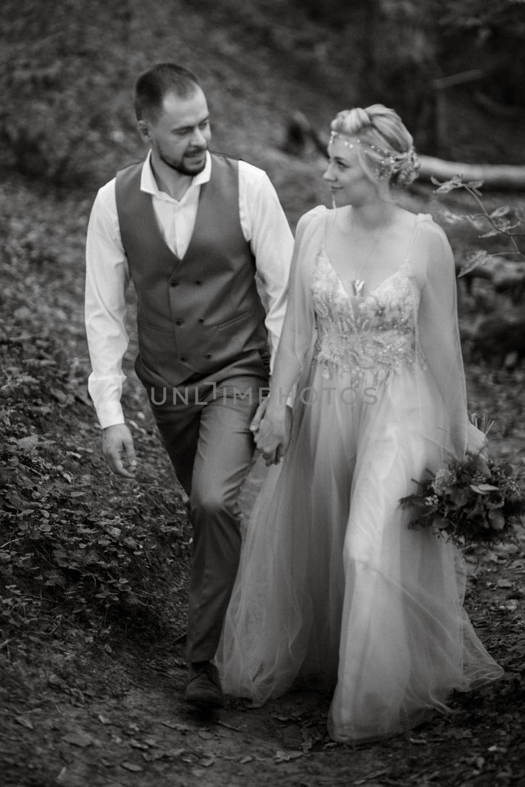 wedding walk of the bride and groom in a coniferous in elven accessories by Andreua