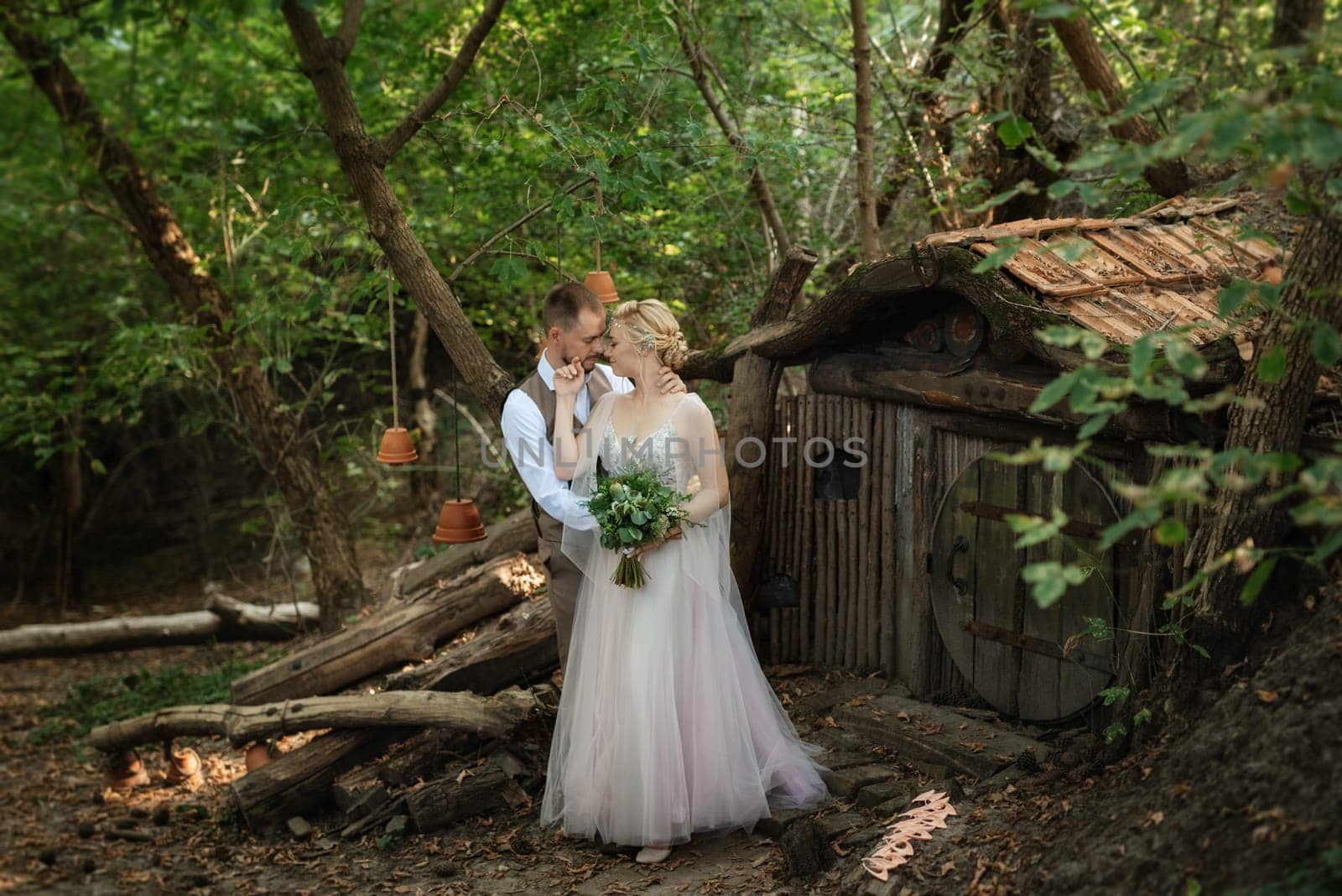 wedding walk of the bride and groom in a coniferous in elven accessories by Andreua