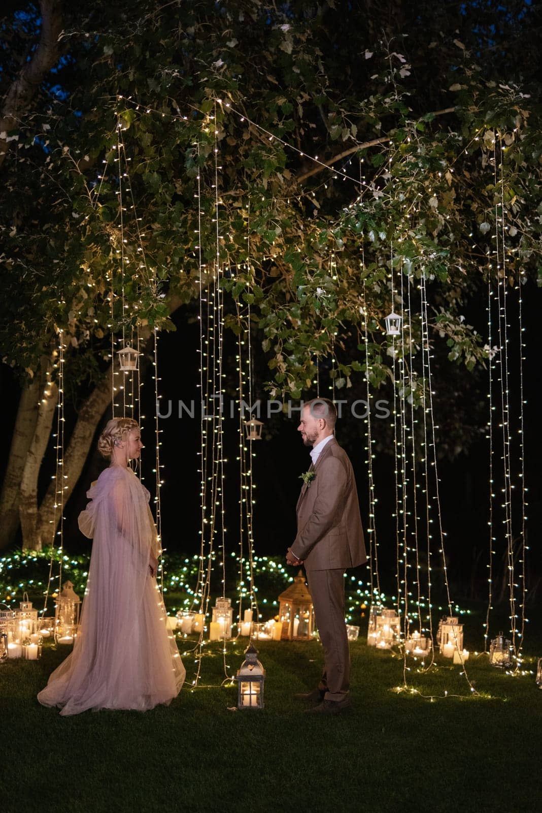 night wedding ceremony of the newlyweds in a country cottage on a green hill