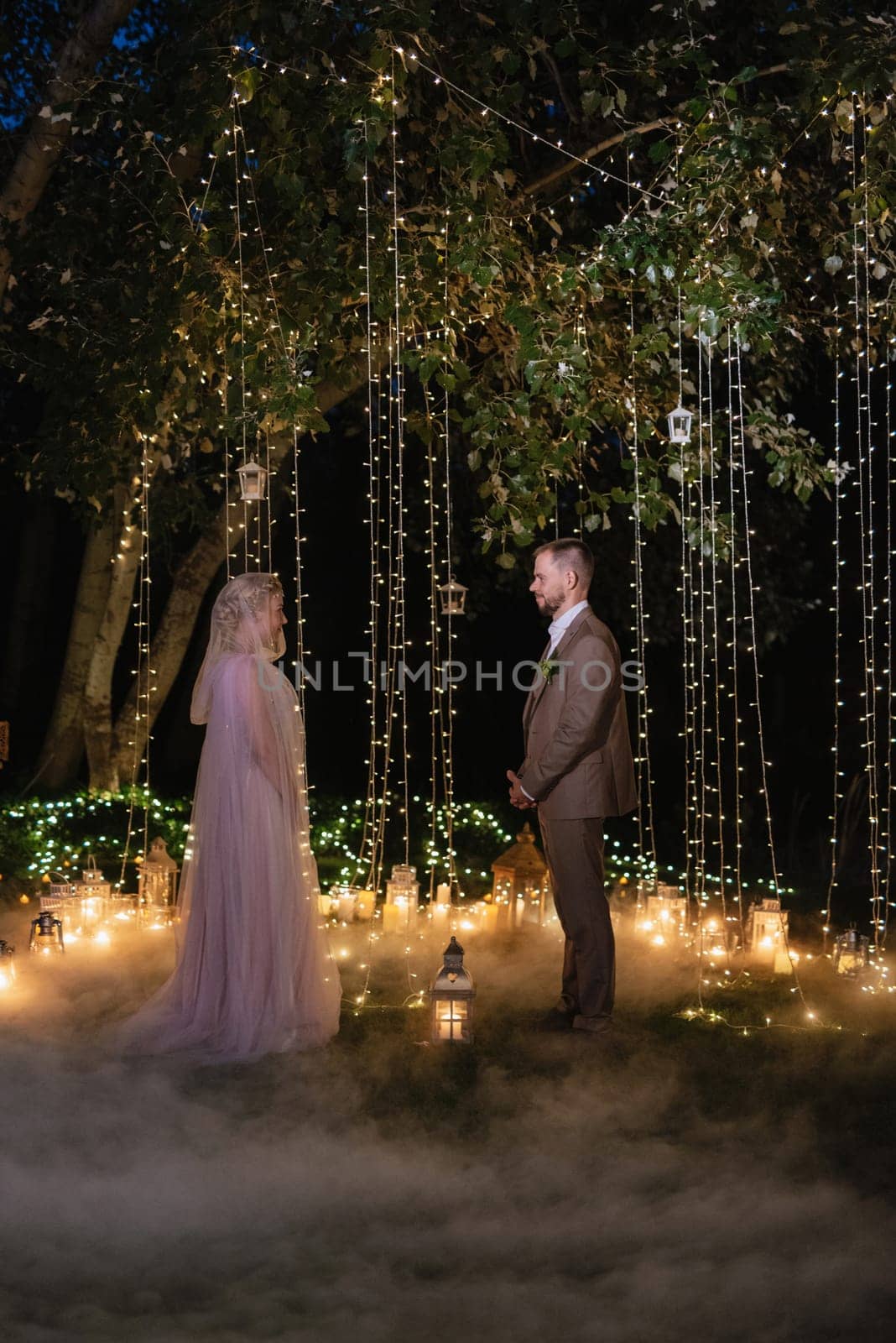 night wedding ceremony of the newlyweds in a country cottage on a green hill