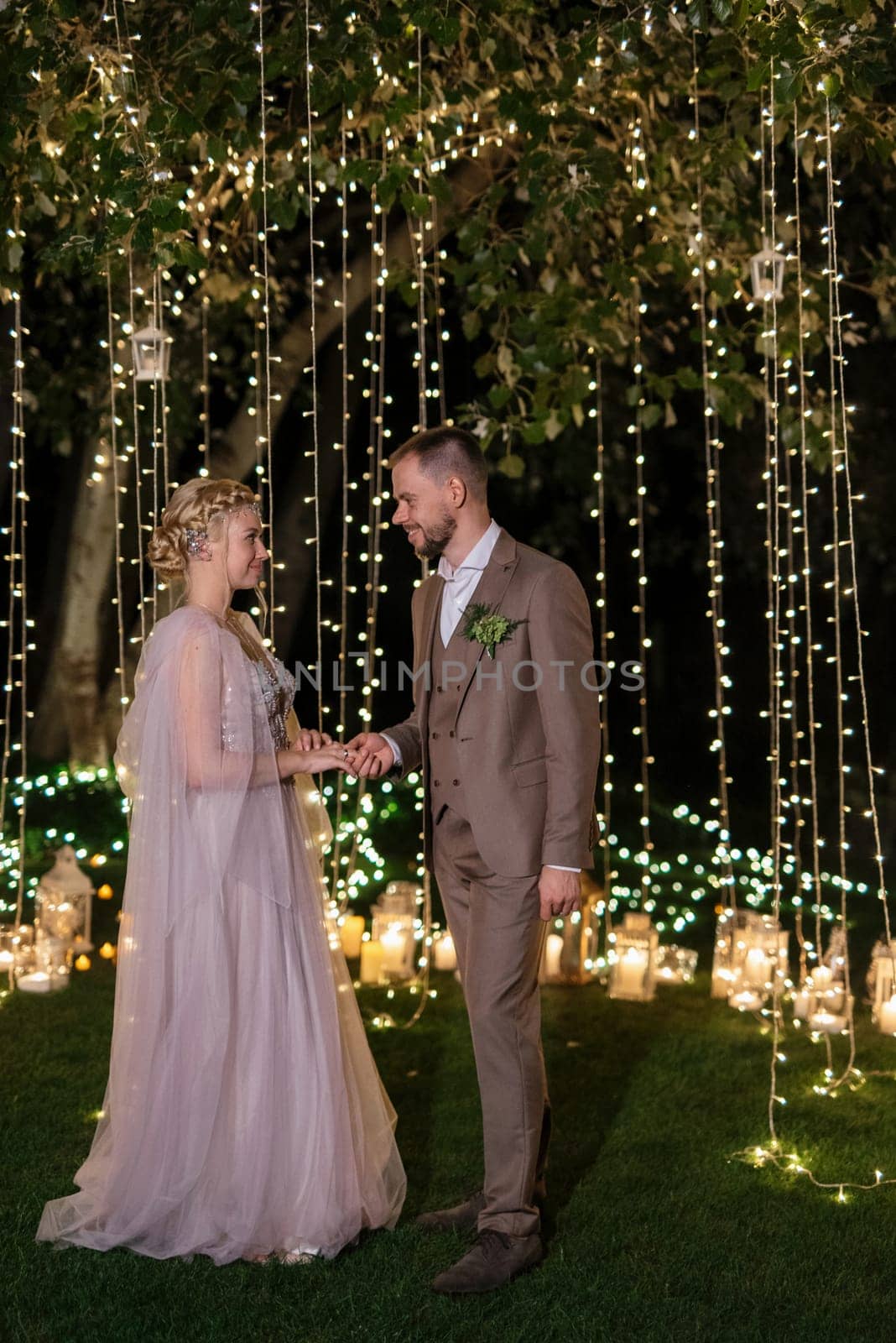 night wedding ceremony of the newlyweds in a country cottage on a green hill