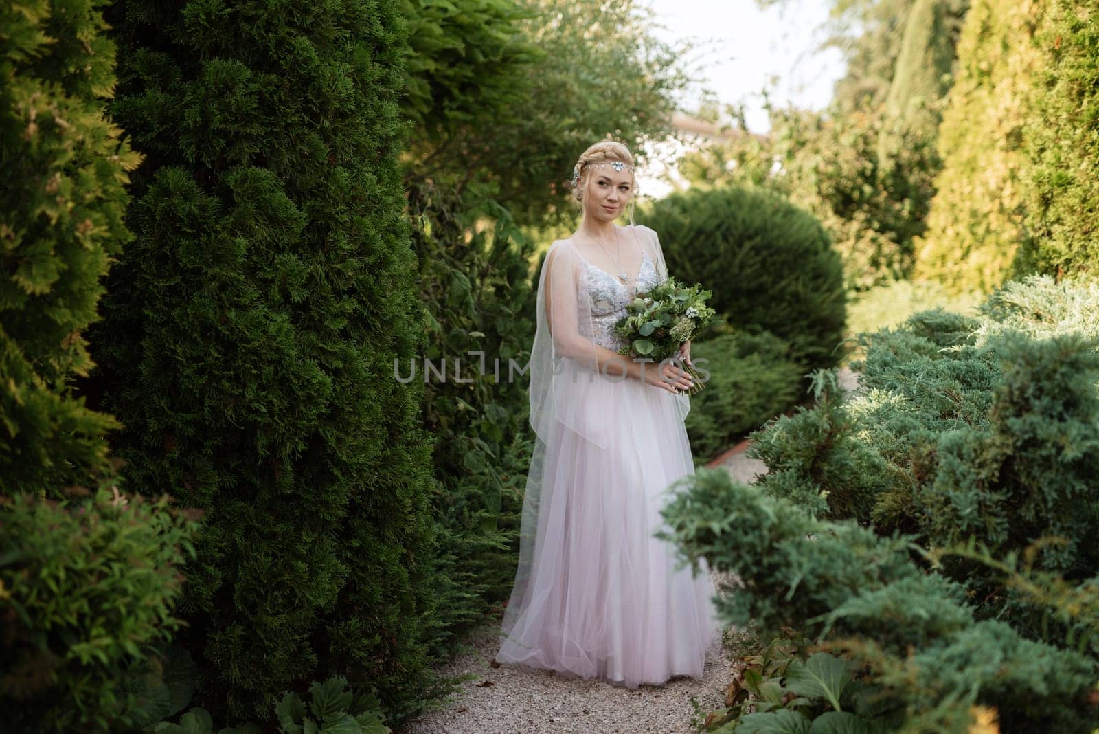 portrait of a happy bride in a light light dress in  wearing elven accessories by Andreua