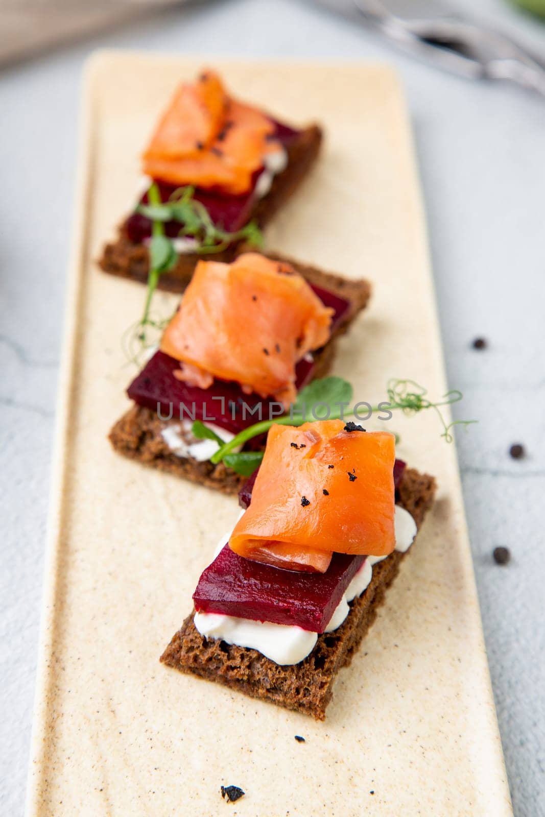 bruschetta with pear, gorgonzola and blueberries side view by tewolf