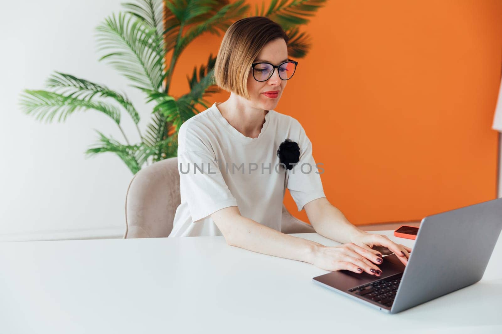 Business woman working remotely in office nice