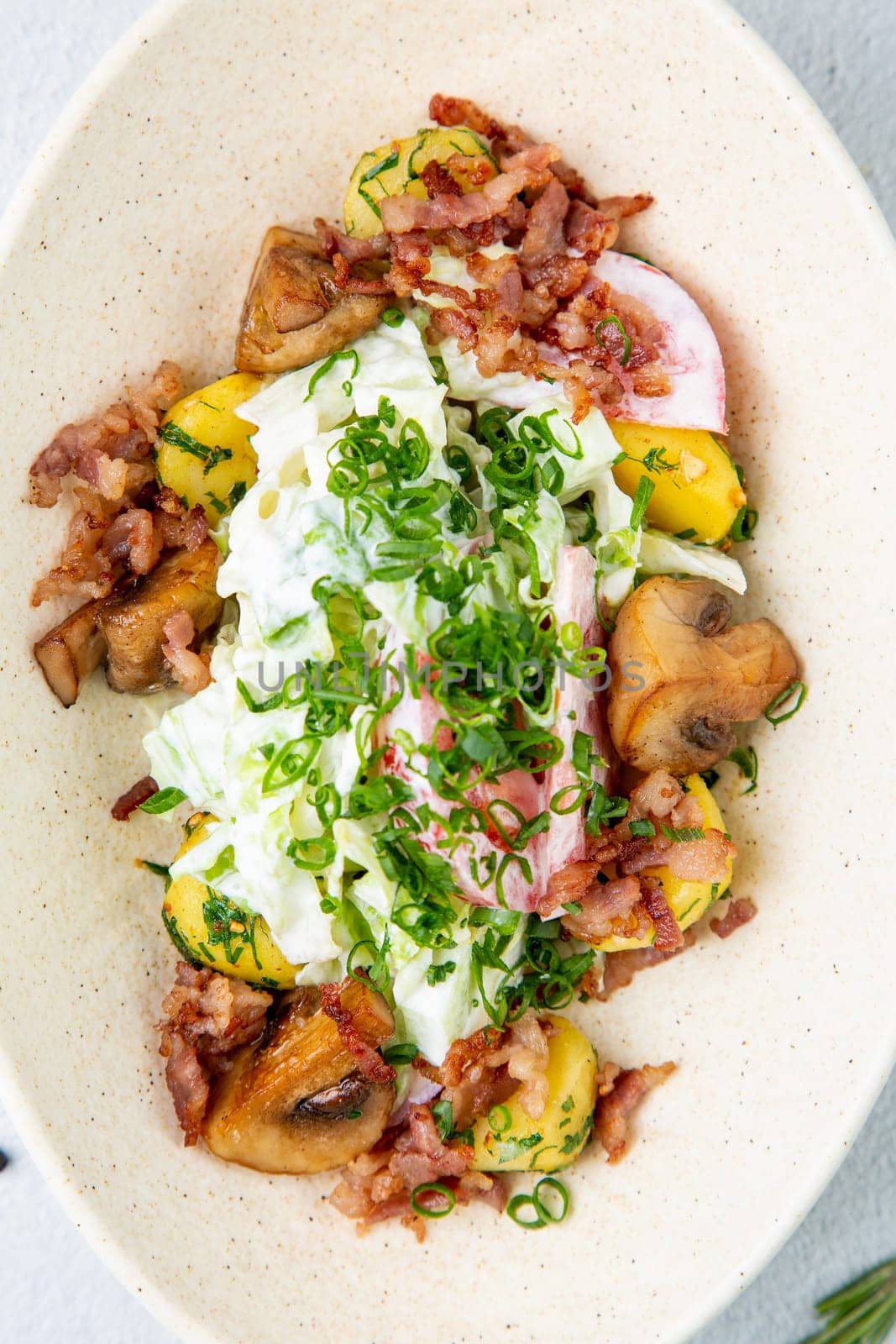 salad with potatoes, rice, meat and green onions