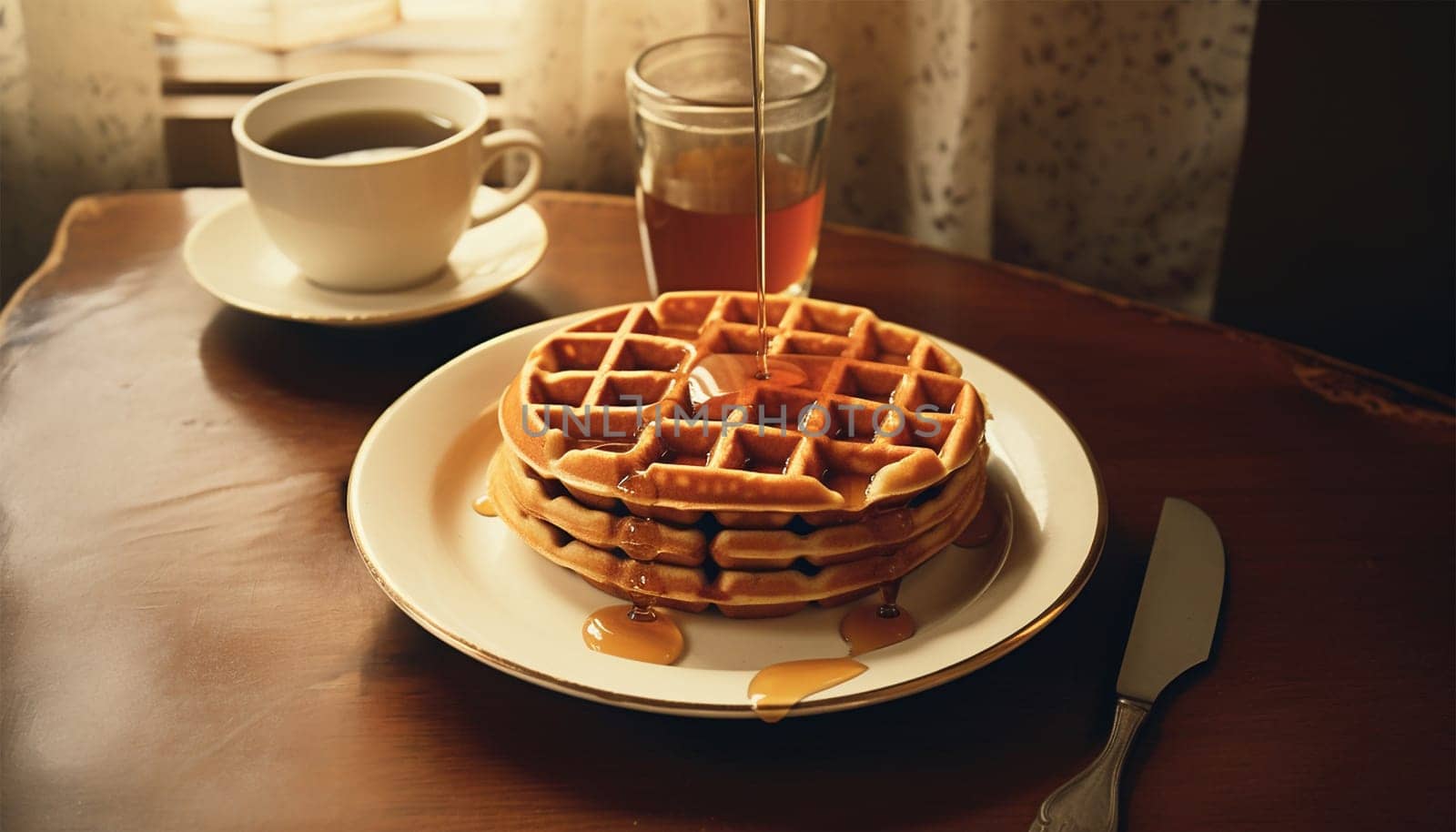 Freshly baked waffles with syrup vintage design. breakfast concept in the 80s,70s. In retro kitchen on wooden table. Natural light, selective focus. cozy
