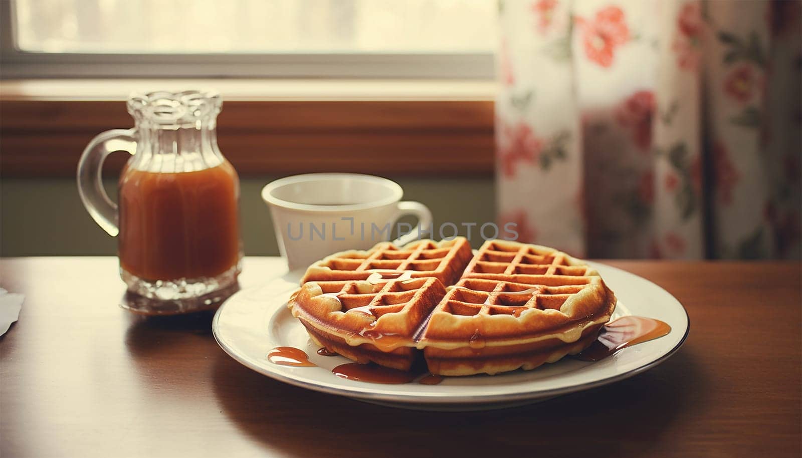 Freshly baked waffles with syrup vintage design. breakfast concept in the 80s,70s. In retro kitchen on wooden table. Natural light, selective focus. cozy