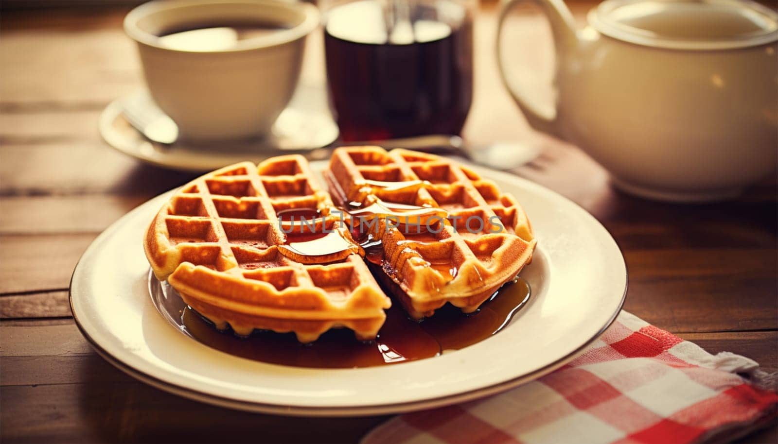 Freshly baked waffles with syrup vintage design. breakfast concept in the 80s,70s. In retro kitchen on wooden table. Natural light, selective focus. by Annebel146