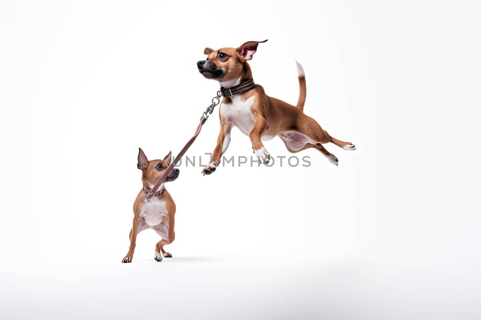 A Playful Battle: Two Dogs Engaged in an Energetic Tug of War Created With Generative AI Technology