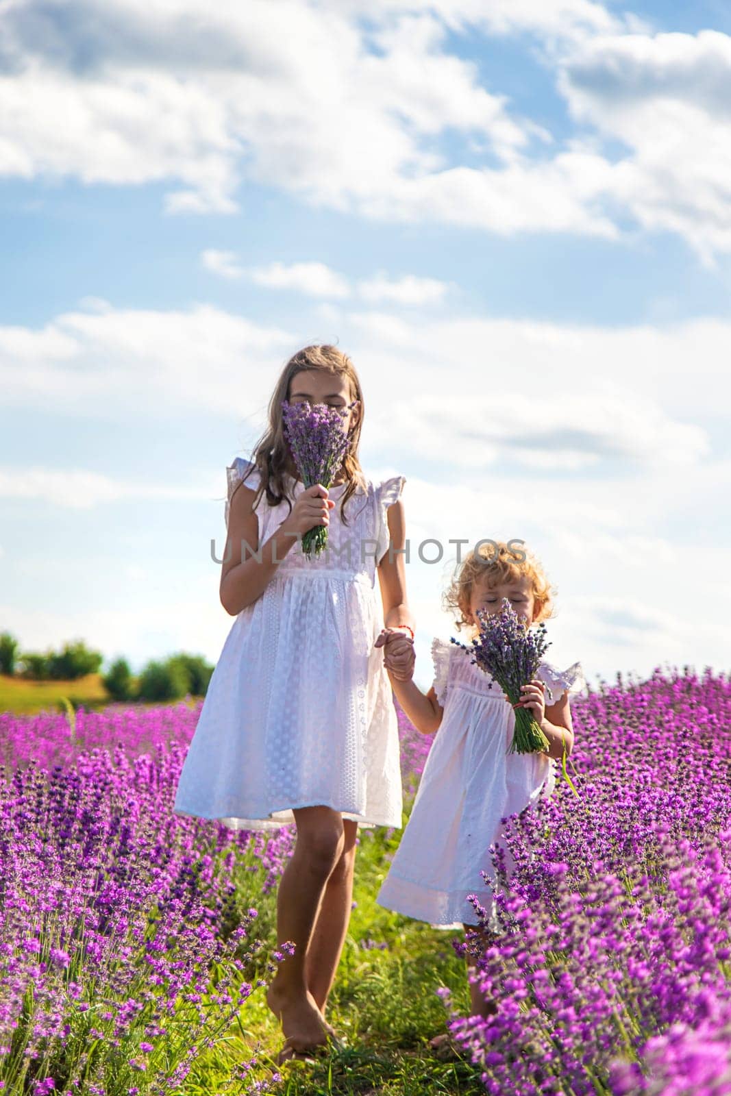 Children in a lavender field. Selective focus. by yanadjana