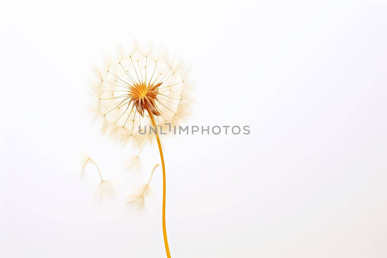 A dandelion is blowing in the wind on a white background created with generative AI technology by golibtolibov