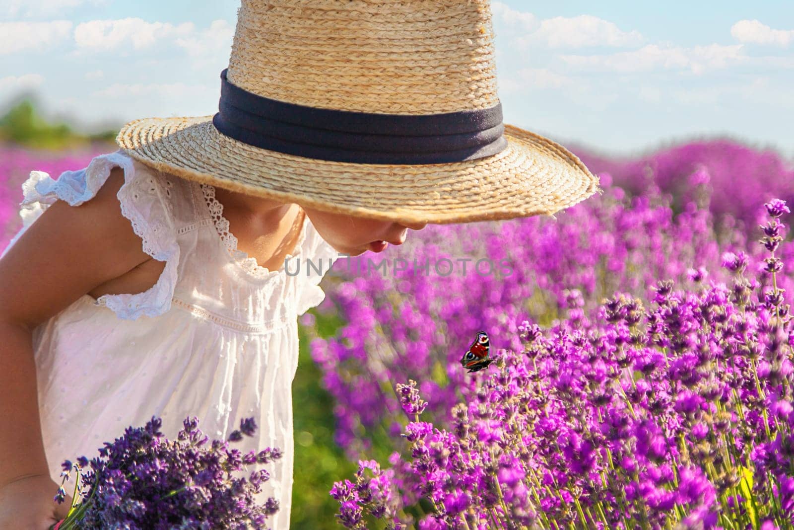 A child looks at a butterfly on flowers. Selective focus. by yanadjana