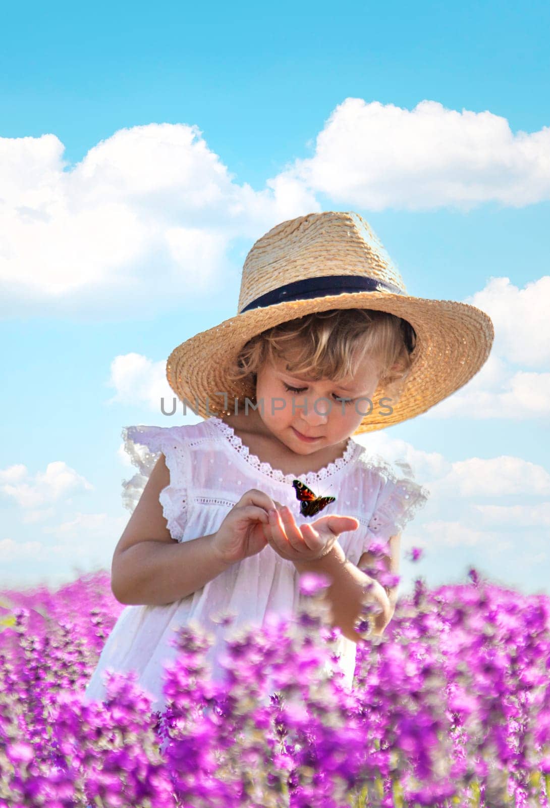 A child looks at a butterfly on flowers. Selective focus. by yanadjana
