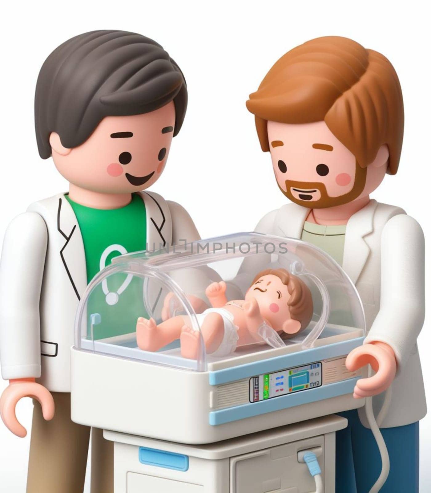 illustration depicting medical staff people at the hospital take care of newborn baby by verbano