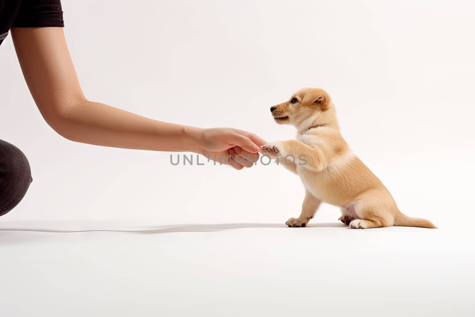 A Heartwarming Moment: Person Kneeling Down to Pet a Small Dog Created With Generative AI Technology