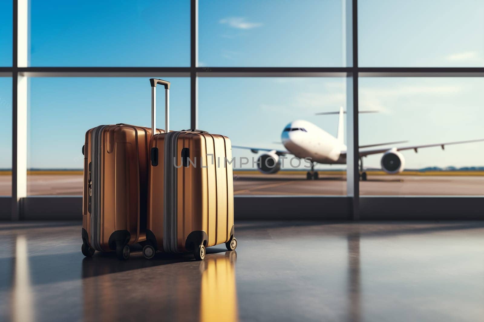 Golden suitcase in an airport hallway. Generative AI