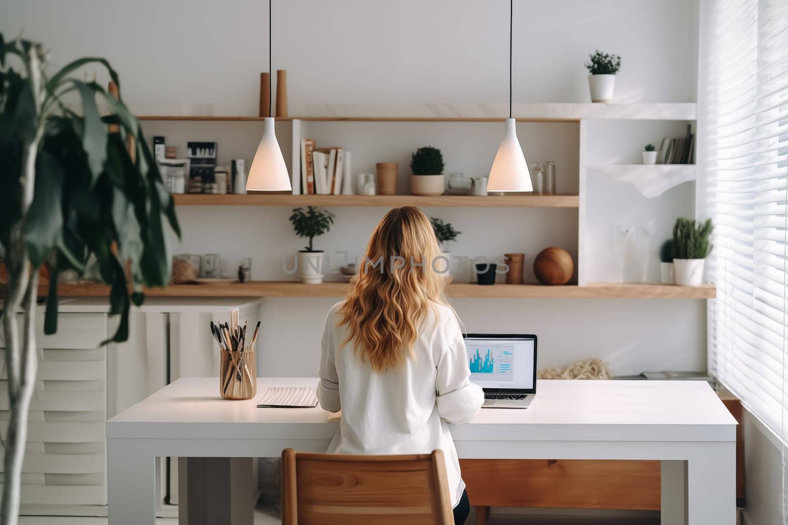 Young woman working from home in front of a computer monitor. The apartment is minimalistic, with plants. Generative AI