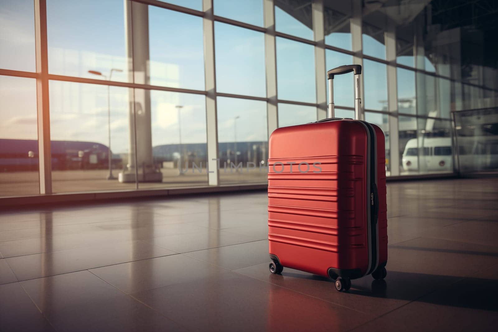 Red suitcase in an airport hallway. Generative AI