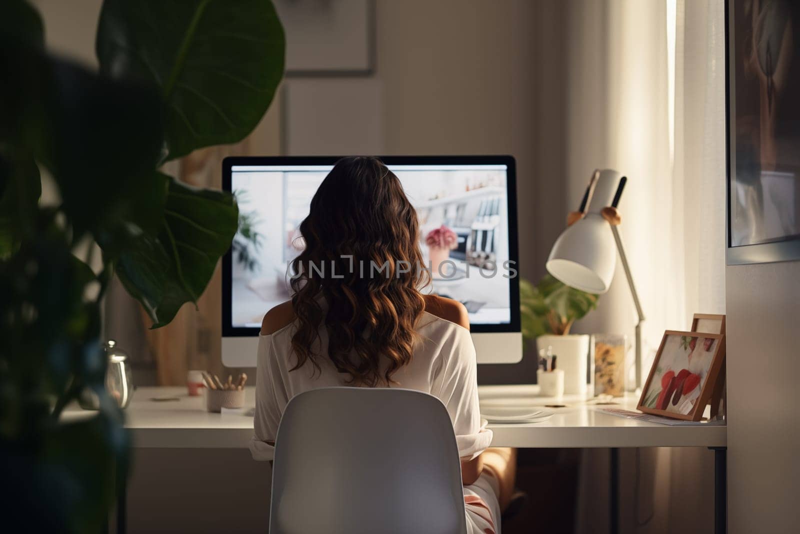 Young woman working from home in front of a computer monitor. The apartment is minimalistic, with plants. Generative AI