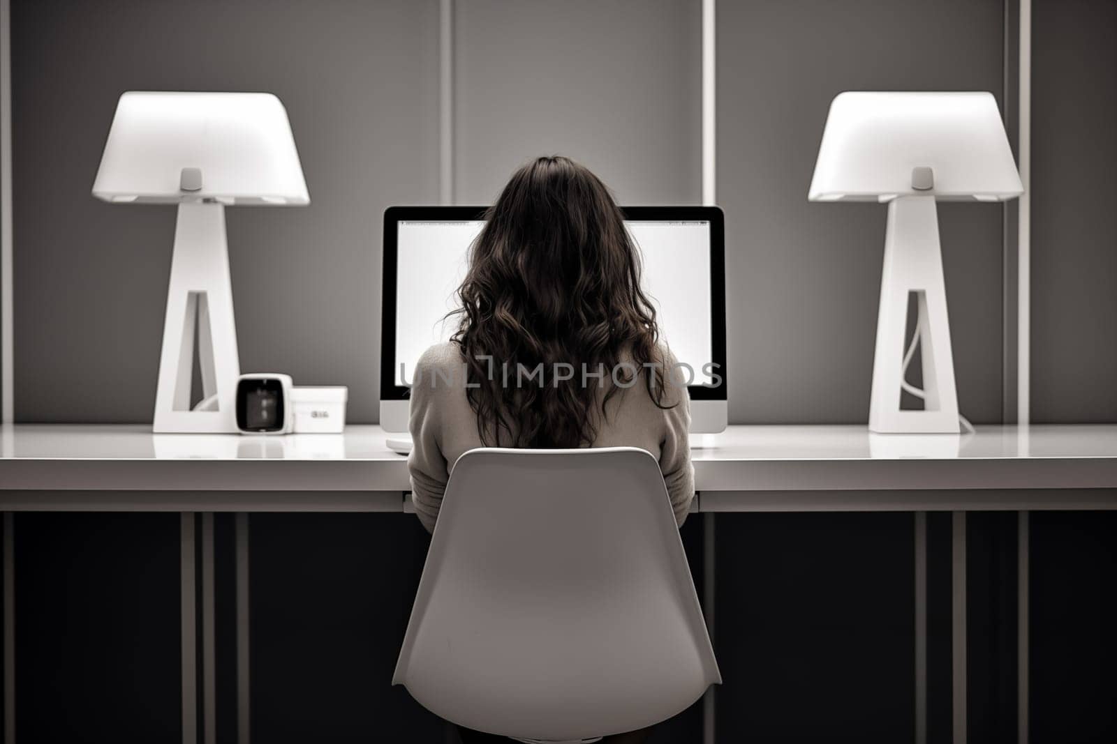 young woman working from home in front of a computer monitor. The apartment is minimalistic by Suteren