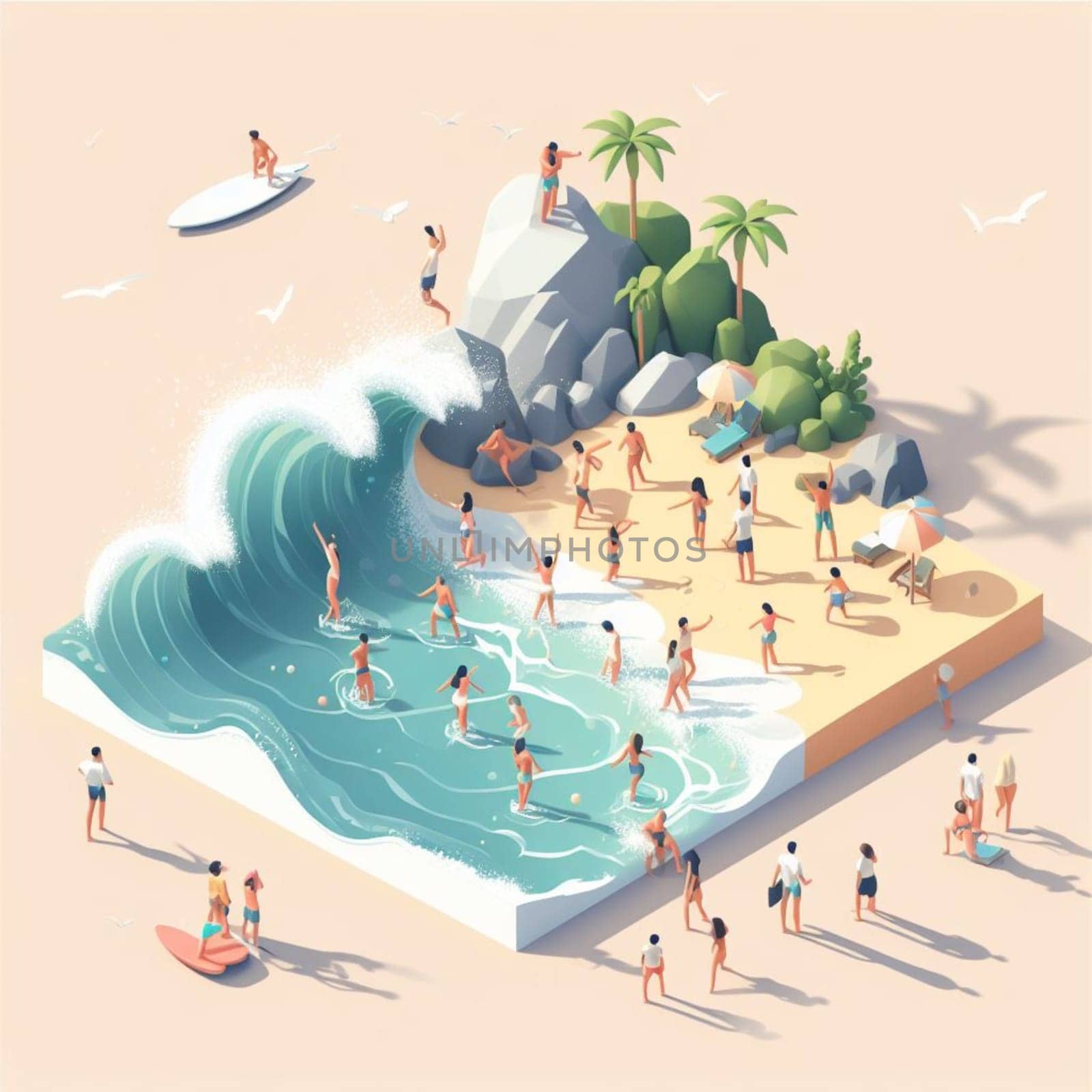 people having fun in the beach, isometric view, sea waves, 3d illustration by verbano