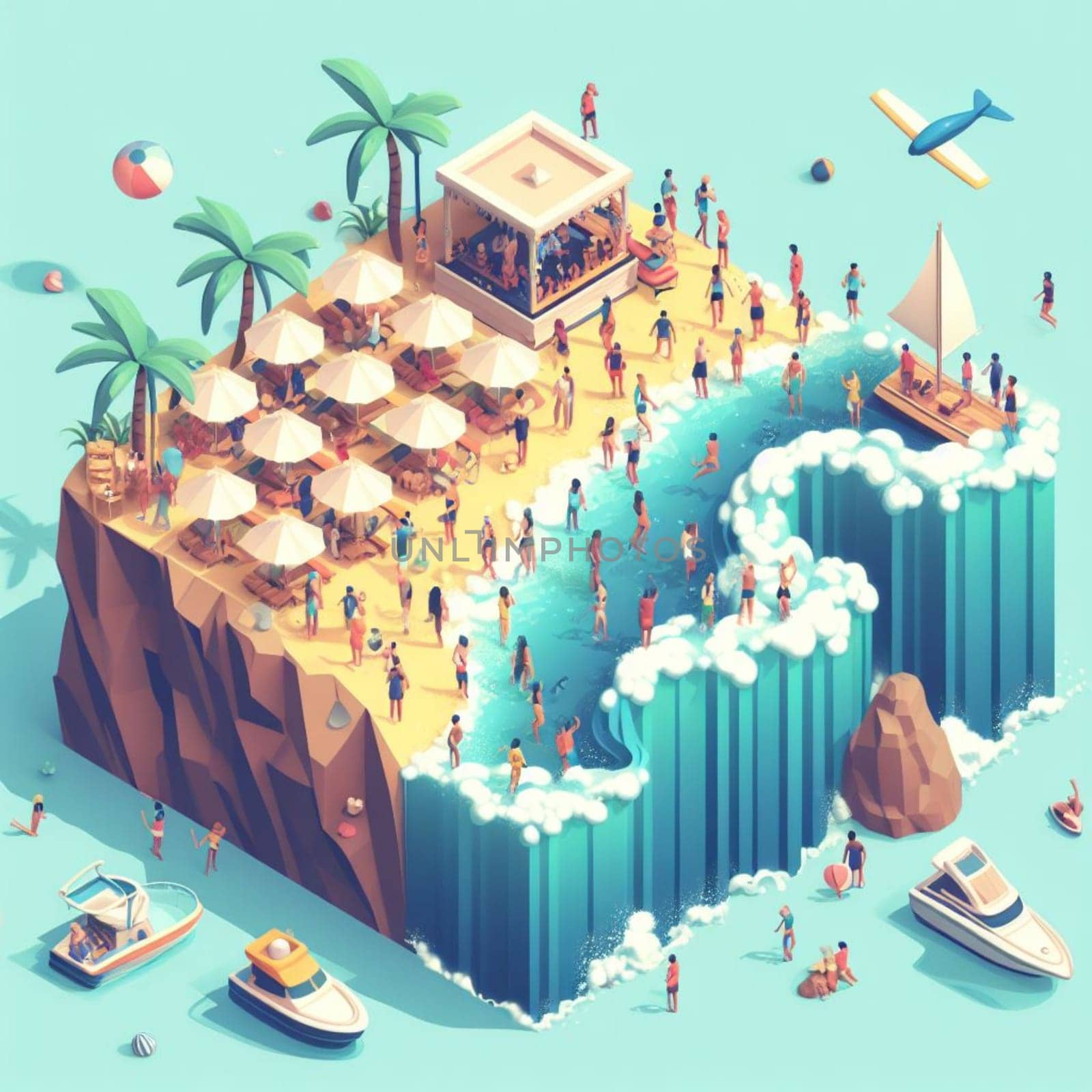 people having fun in the beach, isometric view, sea waves, 3d illustration by verbano