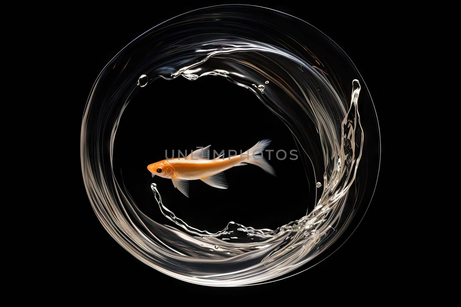 A Majestic Goldfish Swimming Gracefully in a Serene Bowl of Water, Surrounded by a Mysterious Black Background
