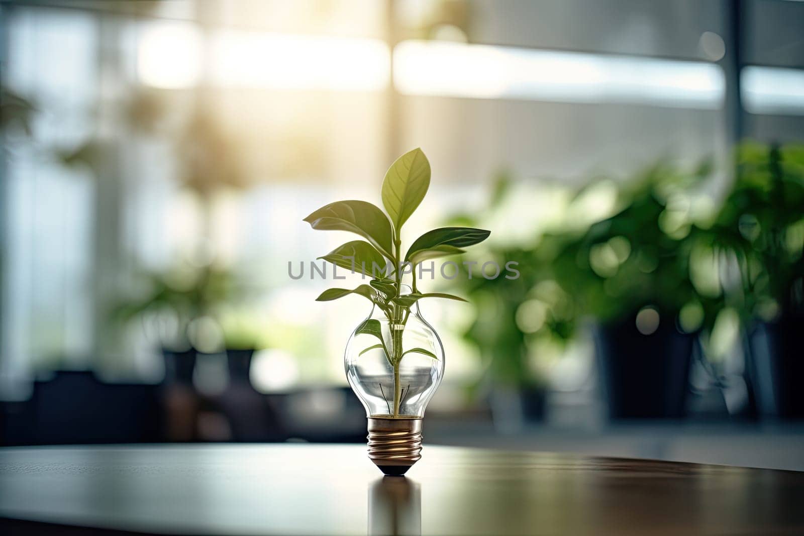 A Tiny Plant Thriving within the Illuminating Glow of a Light Bulb on a Wooden Table