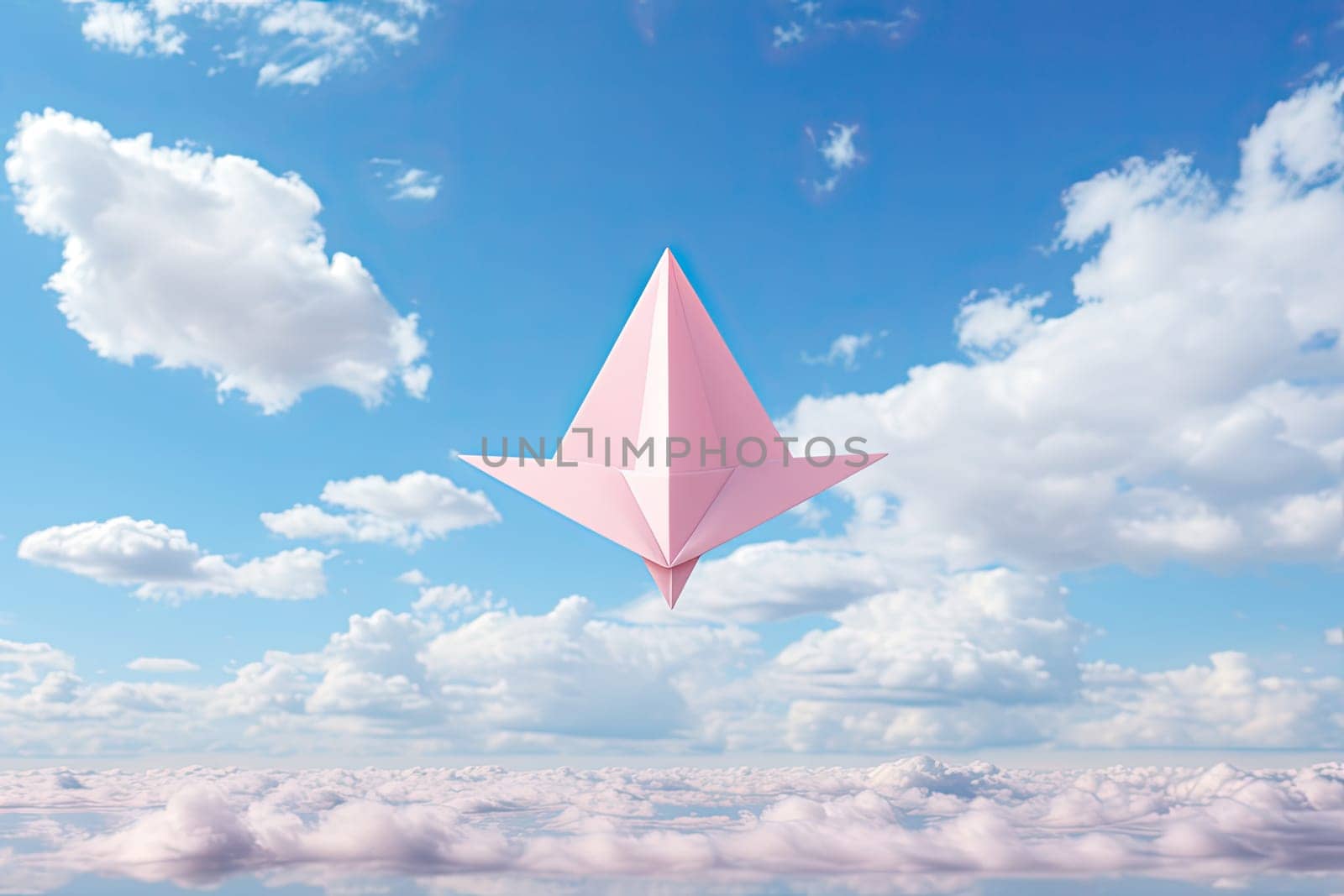 A Majestic Pink Kite Soaring Through the Serene, Cotton Candy Clouds Created With Generative AI Technology