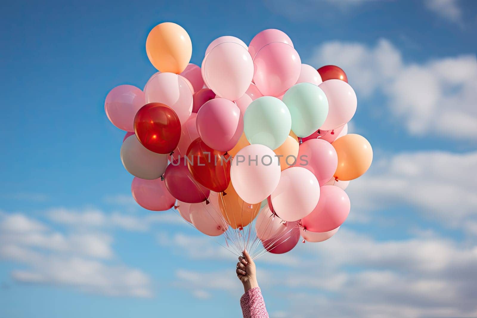A person holding a bunch of balloons in the air created with generative AI technology by golibtolibov