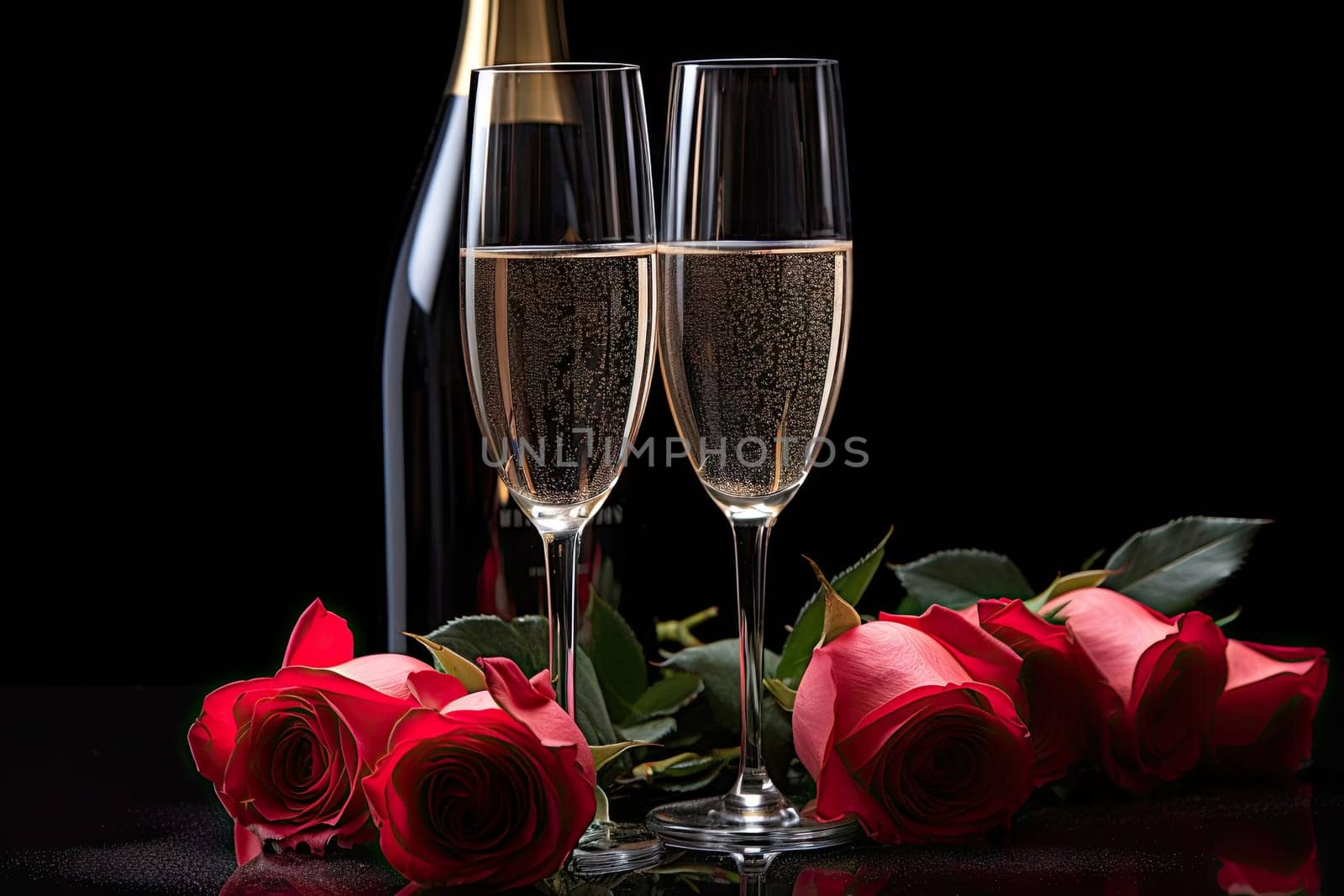 Celebrating Love and Romance with Champagne and Roses Created With Generative AI Technology
