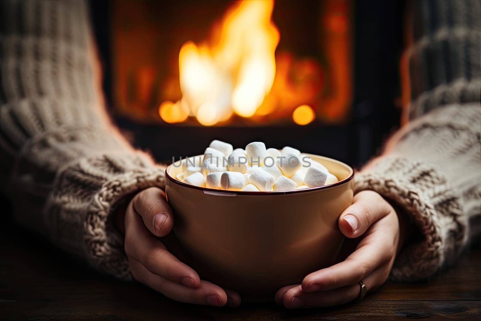 A person holding a bowl of marshmallows in front of a fire by golibtolibov