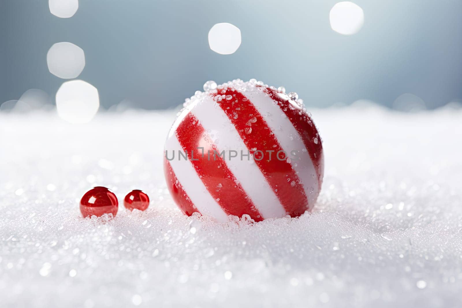 A red and white striped ornament in the snow created with generative AI technology by golibtolibov