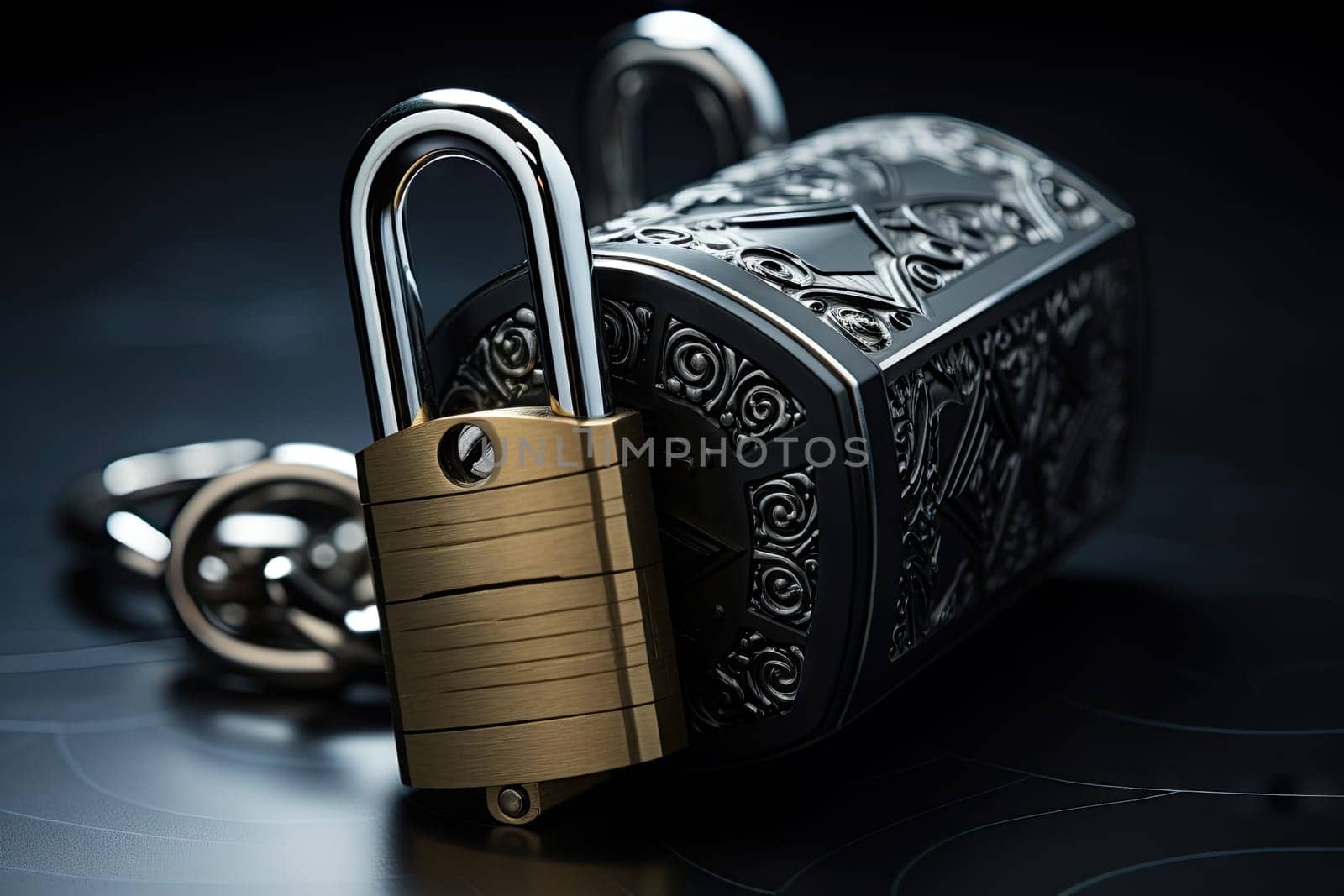 A lock and chain on a black surface created with generative AI technology by golibtolibov