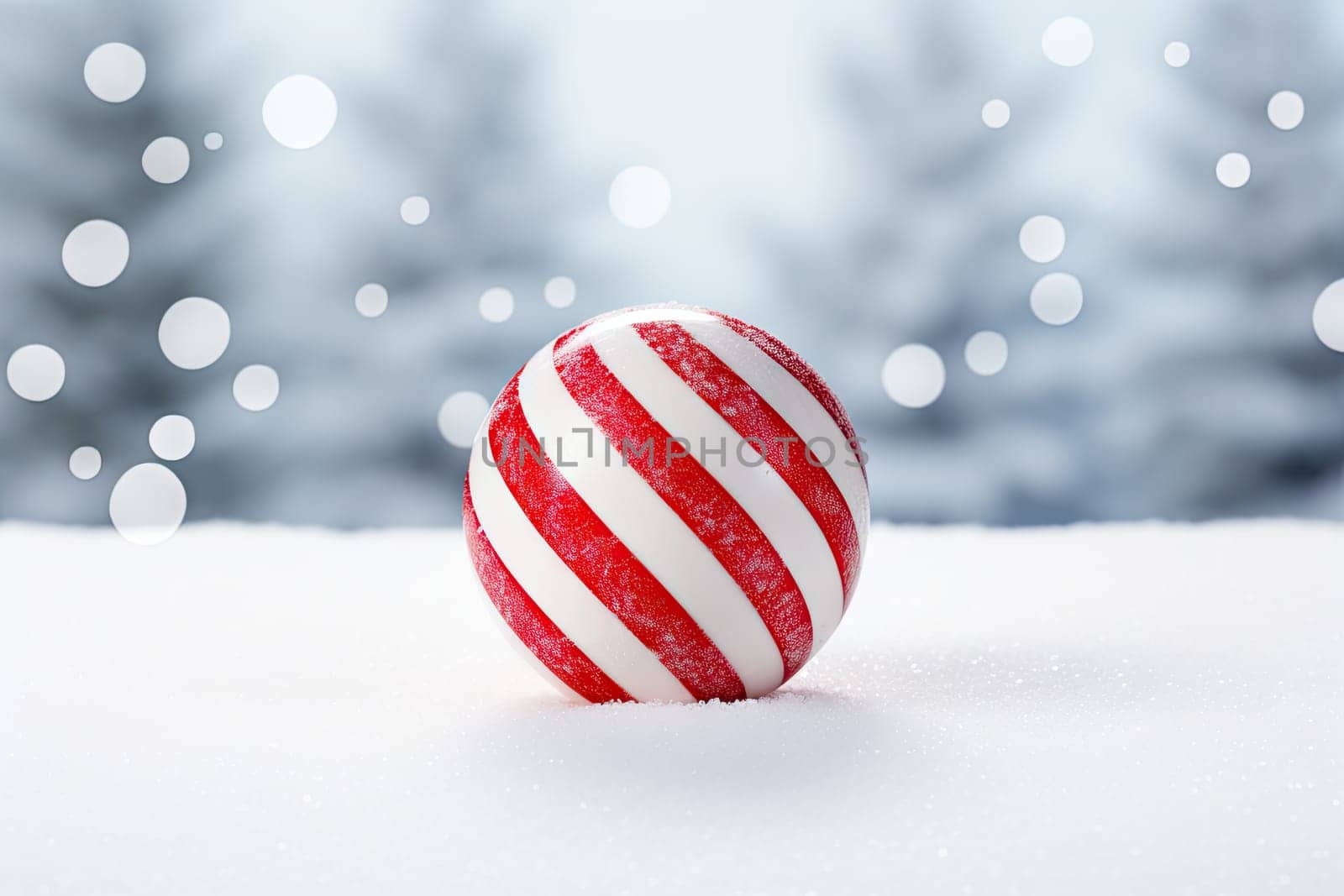 A red and white striped ball sitting on top of a snow covered ground created with generative AI technology by golibtolibov