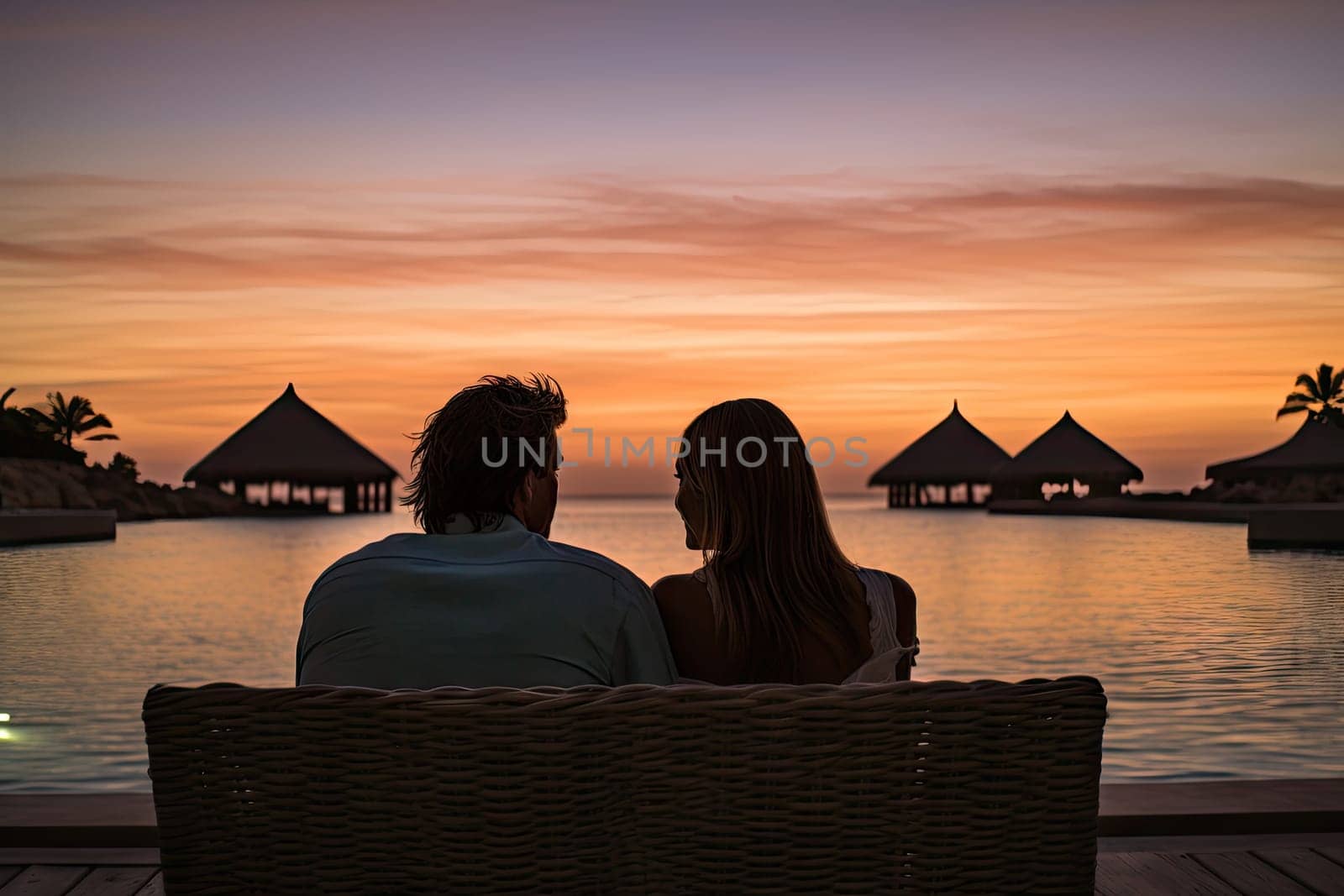 A man and a woman sitting on a bench watching the sunset by golibtolibov