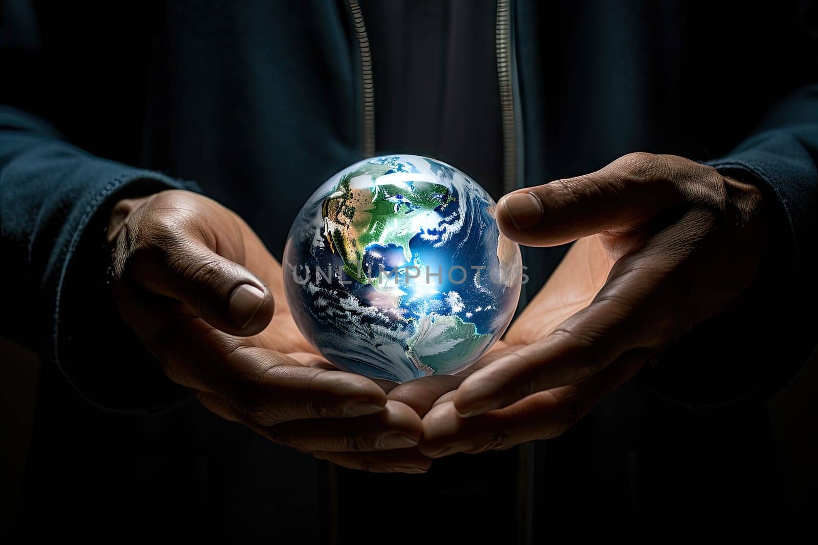 A person holding a small globe in their hands created with generative AI technology by golibtolibov