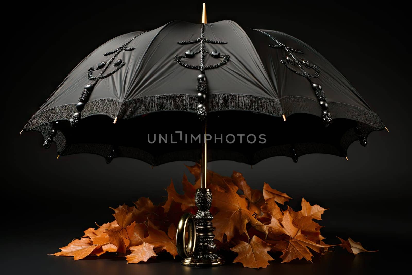 An Orange Car Seeking Shelter Under a Stylish Umbrella Against a Mysterious Black Backdrop