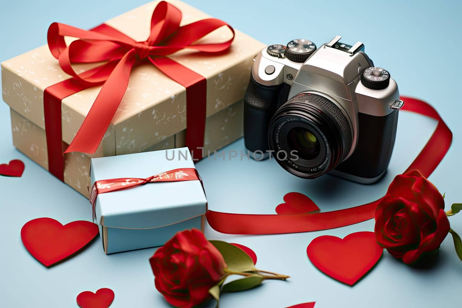 Capturing Beauty: A Camera Framing Vibrant Red Roses Against a Serene Blue Background