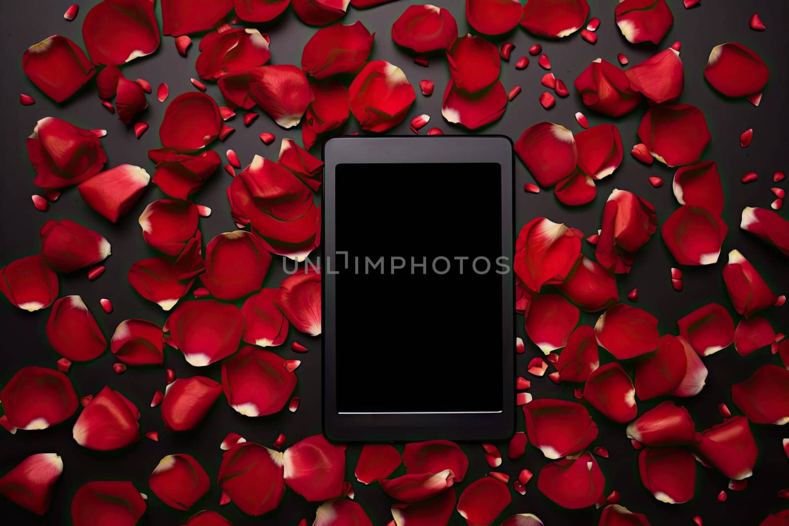 A cell phone surrounded by rose petals by golibtolibov