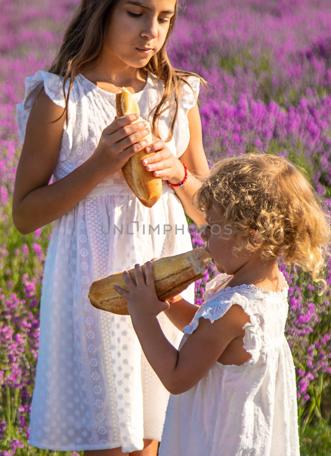 Children eat a baguette in a lavender field. Selective focus. by yanadjana