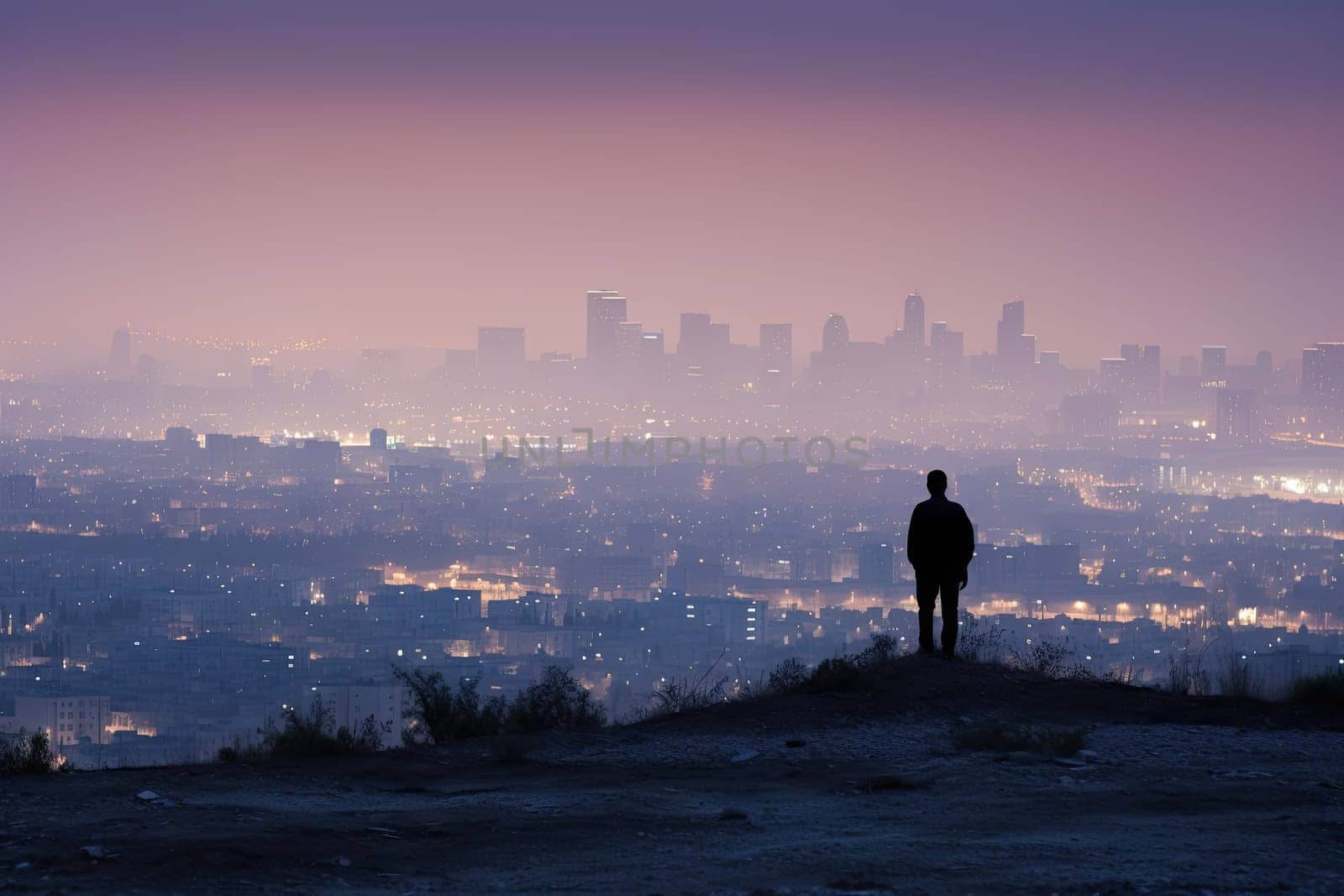 Overlooking the Urban Landscape: A Solitary Figure at the Summit of a Majestic Hill