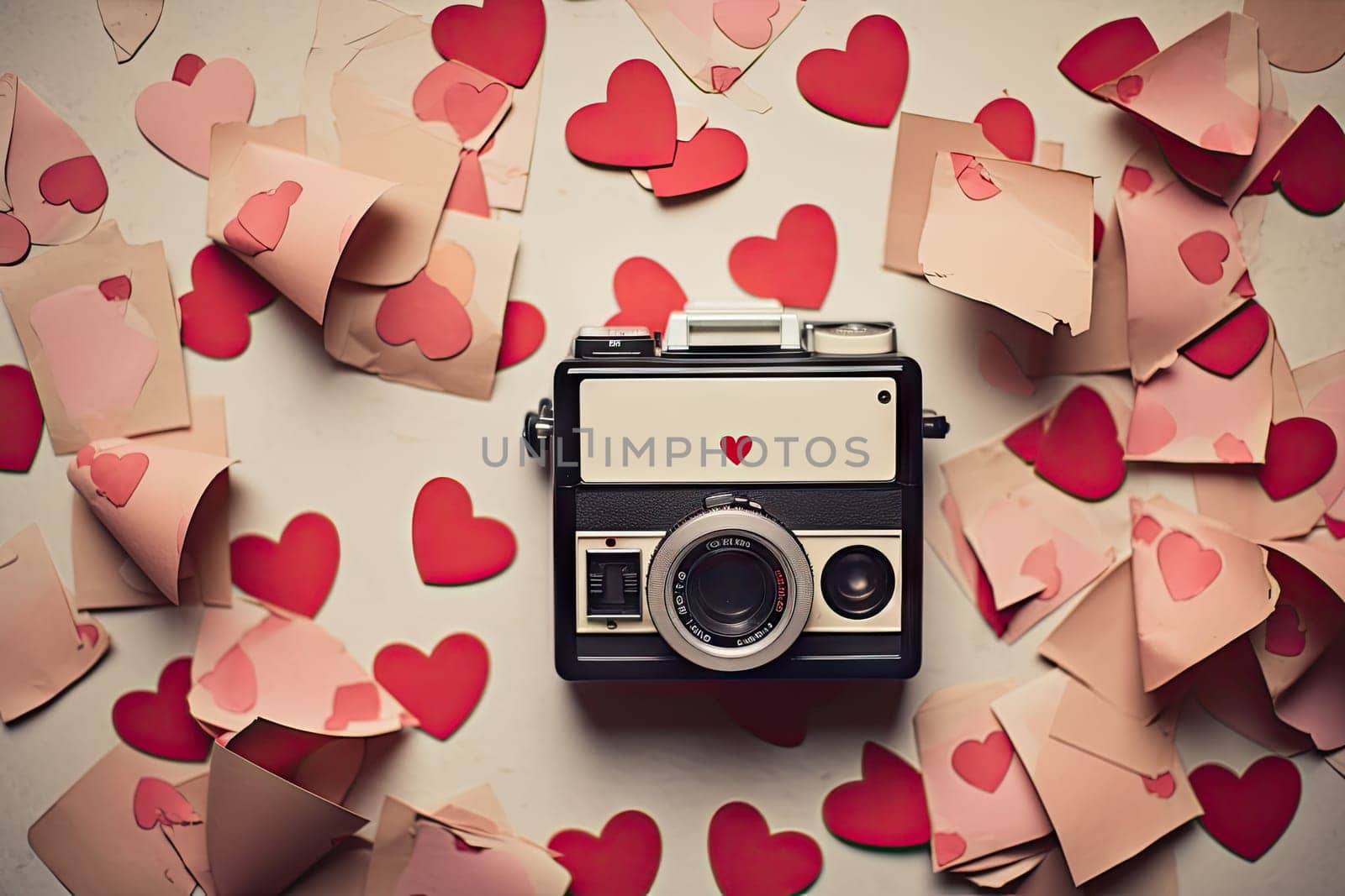 An old camera surrounded by hearts on a table created with generative AI technology by golibtolibov