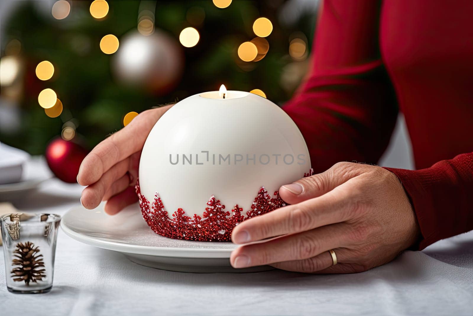 Festive Glow: Woman Illuminating Christmas Spirit with Candle in Front of Tree Created With Generative AI Technology