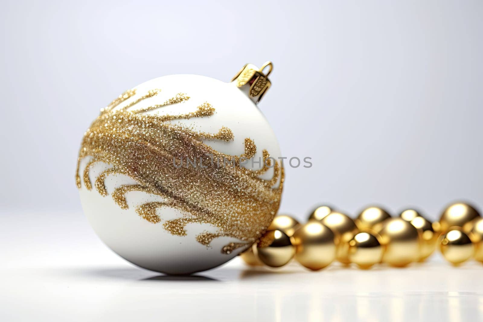 A white and gold christmas ornament sitting on top of a table created with generative AI technology by golibtolibov