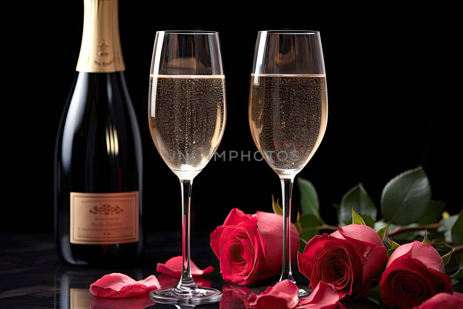 Two champagne flutes with roses on a black background created with generative AI technology by golibtolibov