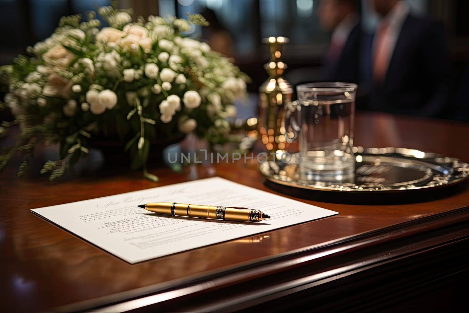 A Serene Workspace: A Pen Resting on a Wooden Desk Neighboring a Bouquet of Fresh Flowers Created With Generative AI Technology