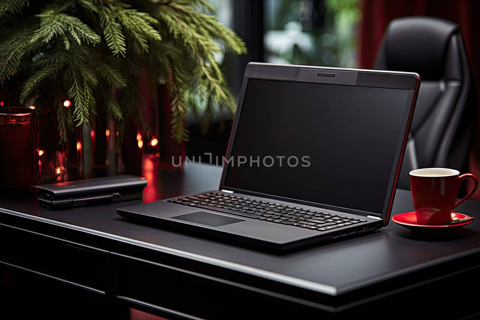 A Modern Laptop Computer on a Sleek Wooden Desk with Books and Stationery Created With Generative AI Technology