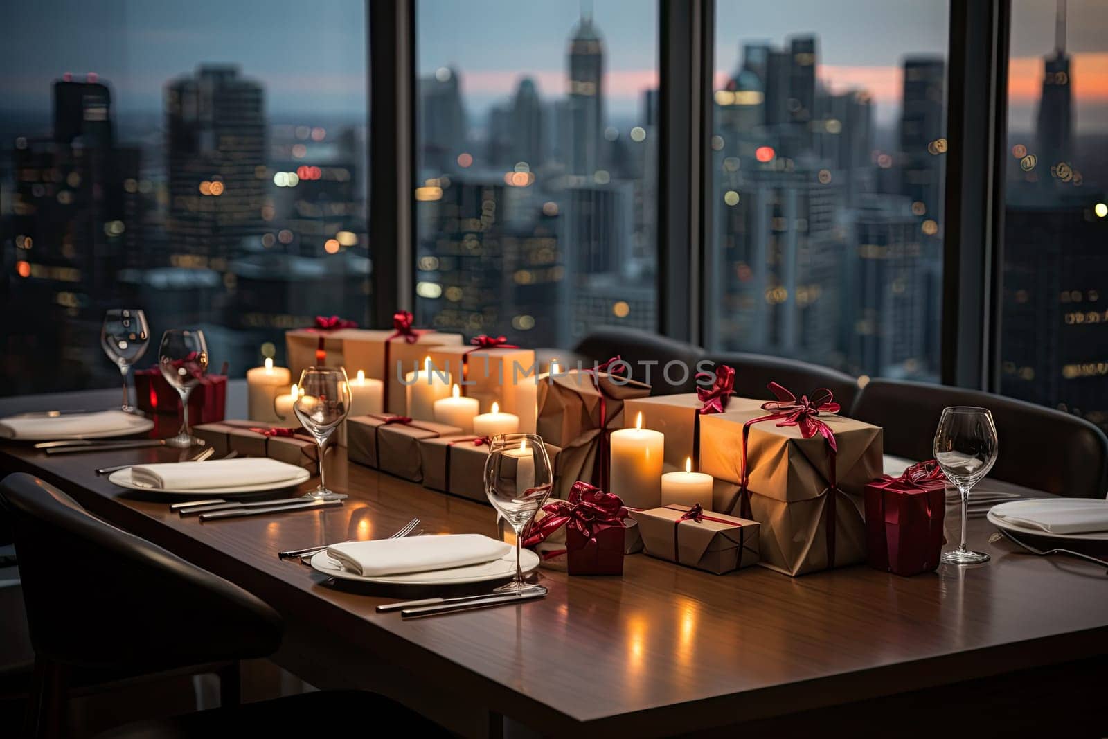 A long table with candles and presents on it created with generative AI technology by golibtolibov