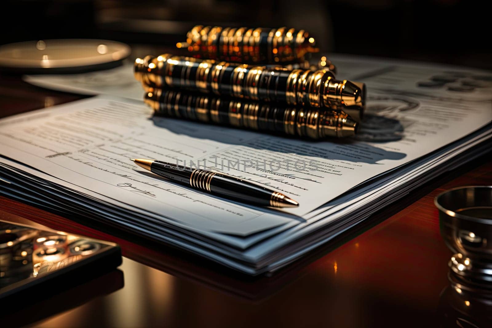 A stack of papers sitting on top of a wooden table created with generative AI technology by golibtolibov